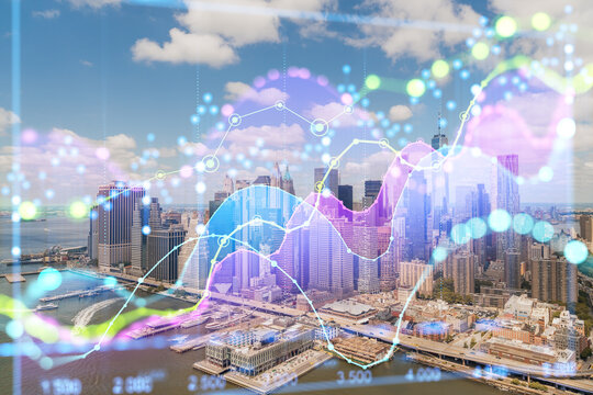 Financial growth and stock market concept over modern USA cityscape with colorful economic graph overlays on urban background skyline.