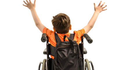 a young boy in an orange shirt and black backpack sitting in his wheelchair, with arms raised upwards, against an isolated transparent background.