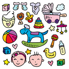 Hand drawn doodle set of baby toys. Vector illustration.