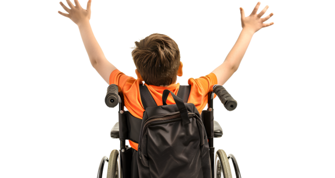 a young boy in an orange shirt and black backpack sitting in his wheelchair, with arms raised upwards, against an isolated transparent background.