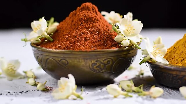 Close Up of Red Chili Powder and Yellow Turmeric Powder in Ornate Bronze Bowls Adorned with White Jasmine Flowers on a Textured White Surface in Detailed Still Life Shot