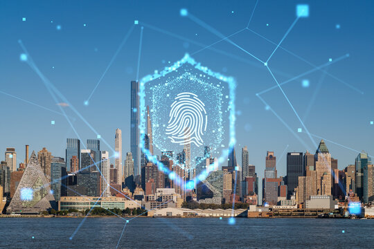 Digital security fingerprint shield over modern cityscape in USA with futuristic network connections on blue sky background as cybersecurity concept.