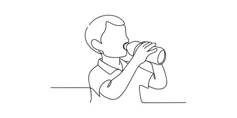 Minimalist one-line drawing of a young boy drinking water from a bottle, symbolizing hydration, healthy lifestyle, refreshment, childhood, and daily routine.