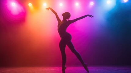 Ethereal ballerina silhouette poised gracefully under vibrant stage lights