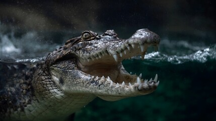 Obraz premium A close up of a crocodile s head with its mouth open revealing sharp teeth emerging from the water