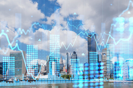 Financial market data concept over modern USA cityscape with blue analytics bars and graph overlays on cloudy sky background.