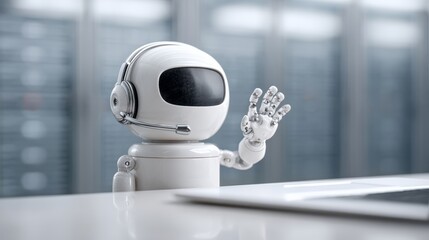White ai customer service robot wearing headset and waving while sitting at desk with laptop in server room, showcasing the future of automated support