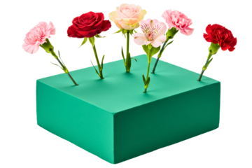 Different fresh flowers arranged in a green floral foam brick on a transparent background