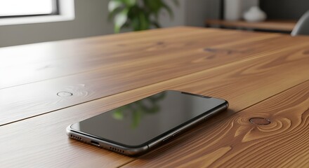 Modern smartphone mockup with blank screen, on wooden table, generative ai