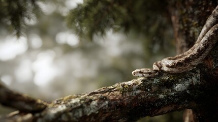 Fototapeta premium A detailed view of a patterned snake coiled on a rough moss covered tree branch illuminated by soft forest light