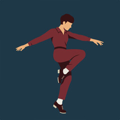 Obraz premium Retro dancer in burgundy suit, posed in mid-step against a dark blue background