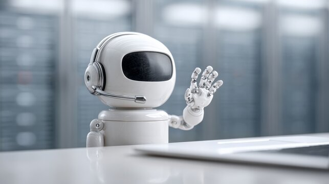 White ai customer service robot wearing headset and waving while sitting at desk with laptop in server room, showcasing the future of automated support