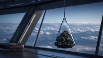 A  conical glass terrarium hangs suspended above a vast panorama of clouds and mountains.