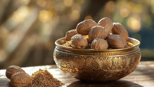whole nutmeg and cracked nutmeg pieces in a traditional indian brass spice container orbit video