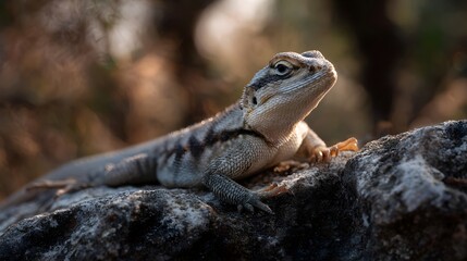 Naklejka premium A detailed sharp focus close up of a patterned lizard resting on a textured rock in bright natural sunlight