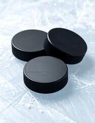 Three black hockey pucks rest on an ice rink surface