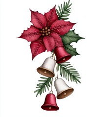 Christmas Bells Holly Poinsettia Watercolor Festive Holiday Winter Decoration Design Illustration. Seasonal cheer botanical artwork celebration graphic december ornament yuletide flourish