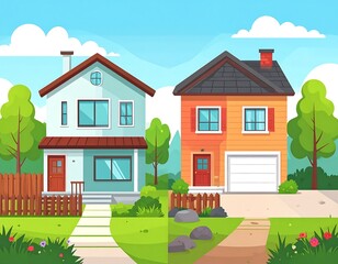 Two houses on a sunny day, one light blue and one orange, with lawns, fences, and trees