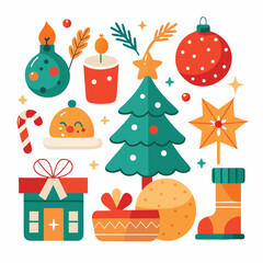 Vector art of a charming assortment of flatdesign christmas elements featuring a festive tree, ornaments, a gift, candy cane, boot, and candle, all presented on a clean