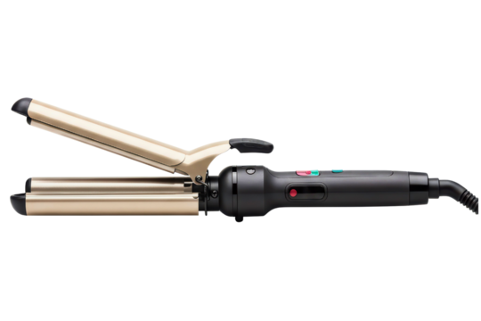 Triple-barrel hair waver curling iron for creating beachy waves on a transparent background