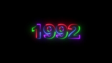 1992 neon line text. Abstract 1992 neon text animation, Glowing neon number text background 4k animation. Concept of counting years. Neon text calendar 1992 animation, glowing neon icon . 4k video 