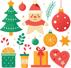 Vector art of a vibrant assortment of christmas elements such as gingerbread person, decorated trees, baubles, candy canes, presents, and snowflakes, presented on a clean