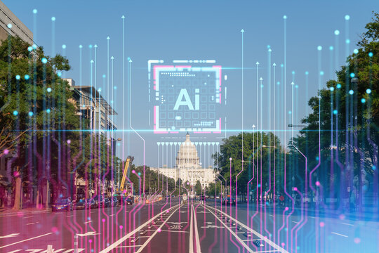 Digital AI concept over Washington DC street with U.S. Capitol in background and futuristic interface graphics overlay on cityscape.
