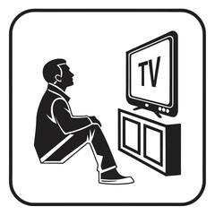 A man sitting on the floor in silhouette watching television on a stand with the word tv displayed on the screen