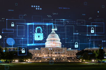 Cybersecurity concept with digital padlocks over the US Capitol building at night as background in futuristic cityscape setting in America.