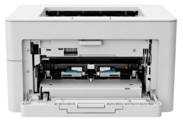 Open office laser printer with toner cartridge compartment visible on a transparent background