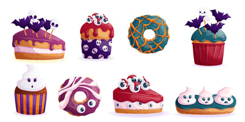 A set of sweet Halloween pastries decorated with eyeballs, ghosts and bats. Cupcakes, cakes, donuts, eclairs. Isolated vector illustration on a white background for the design of posters, banners