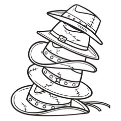 Minimilist a stack of various hats piled on top of each other in a black and white outline drawing style design vector
