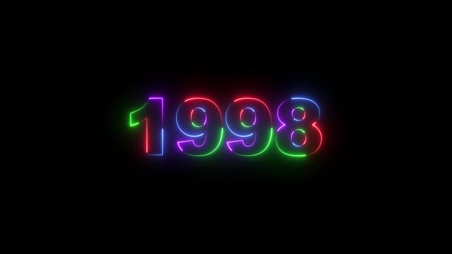 1998 neon line text. Abstract 1998 neon text animation, Glowing neon number text background 4k animation. Concept of counting years. Neon text calendar 1998 animation, glowing neon icon . 4k video 
