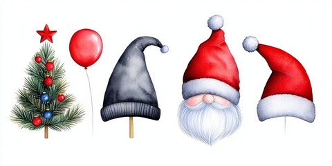 Christmas fancy gnome with Christmas tree garland and balloons. Watercolor illustration. Festive holiday pixie decor evergreen streamer orb. hand painted image for yuletide celebration.