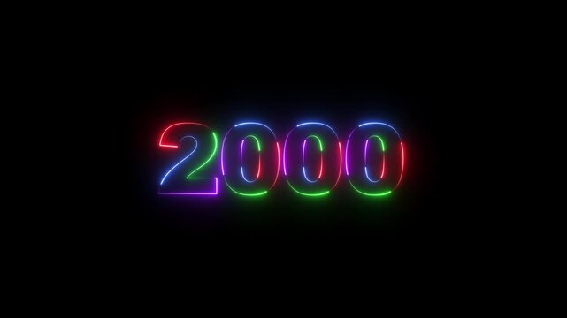 2000 neon line text. Abstract 2000 neon text animation, Glowing neon number text background 4k animation. Concept of counting years. Neon text calendar 2000 animation, glowing neon icon . 4k video 