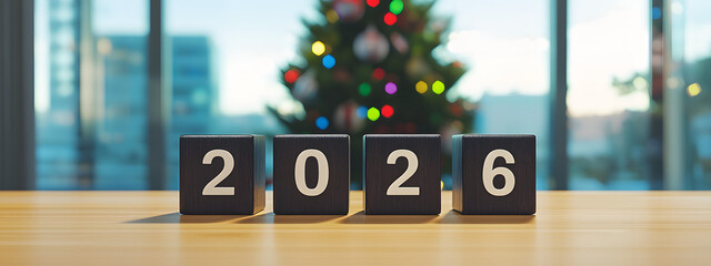 Black cubes with the number "2026" are placed on an office desk near a laptop against a backdrop of a Christmas tree with garlands and panoramic windows – a modern business New Year's composition