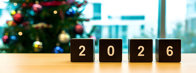 Black cubes with the number "2026" on them sit on an office desk against a backdrop of a decorated Christmas tree and panoramic windows