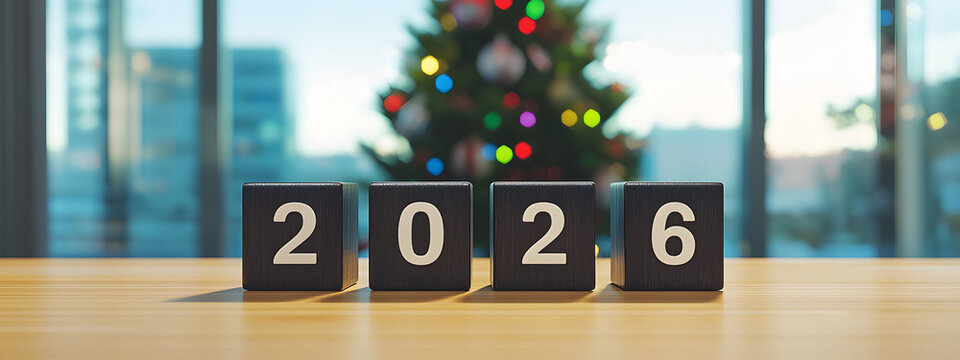 Black cubes with the number "2026" are placed on an office desk near a laptop against a backdrop of a Christmas tree with garlands and panoramic windows – a modern business New Year's composition - Powered by Adobe