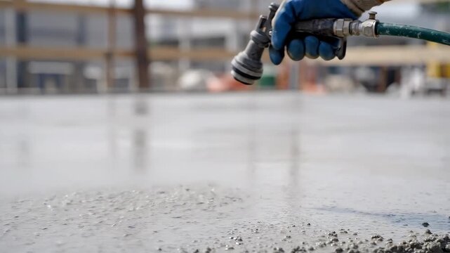 Worker Sprays Curing Compound on New Concrete Slab at Construction Site During Daylight Hours