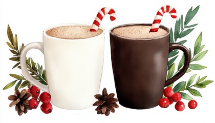 Christmas Hot Cocoa Mugs Watercolor. Festive winter beverage container clipart hand painted cozy drinkware image perfect for holiday season project create unique greeting card