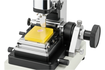Laboratory microtome slicing a paraffin block for histology on a transparent background