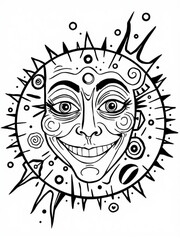 Minimilist a whimsical sun face with a wide smile and spiky rays in black and white line art illustration vector
