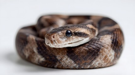 Obraz premium Close up portrait of a ball python snake coiled on a clean white studio background showcasing intricate patterns and sharp detail