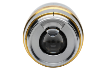 Front view of a wide-angle door peephole with a metal body on a transparent background