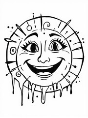 Minimilist black and white illustration of a sun with a face and dripping liquid around the bottom edge of the circle vector