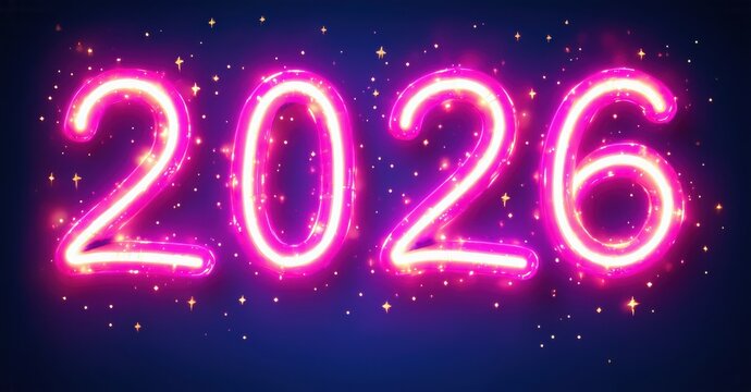 Bright pink neon digits display year 2026. Dark blue background features scattered sparkles. Festive, futuristic presentation.