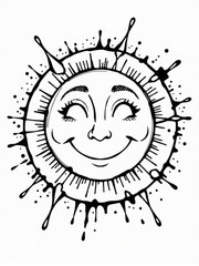 Minimilist black and white drawing of a smiling sun with eyelashes and paint splatter around the perimeter vector