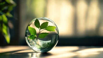 Leafy Branch Encased in Glass Sphere with Soft Natural Light Illumination