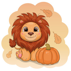 Fototapeta premium A cute cartoon Lion with pumpkin. Vector illustration of animal with vegetable and orange baclground with autumn leaves.