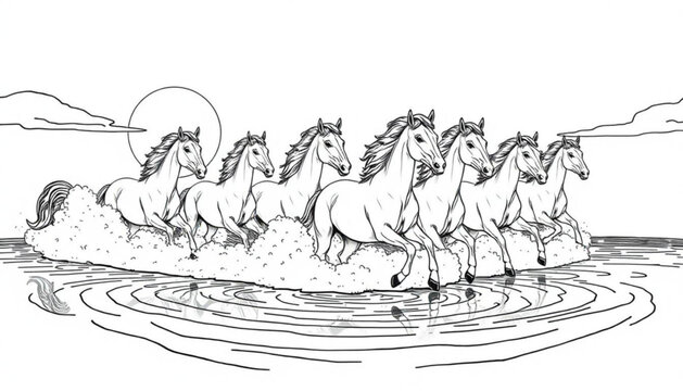 Minimilist seven horses running through water with sun and clouds in a black and white illustration style image vector